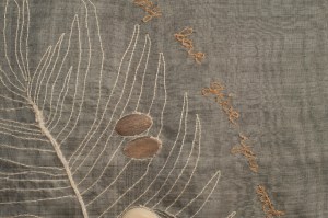 Detail of I Wish You Wings, Moire sold , silk thread, found objects, 2012 (photo by Josh Wells)