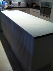 Old 100% cotton sheet folded in half across the bench.  Sprayed all over with alum.