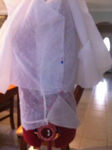 I layered scraps of pelon and batting onto the dummy.