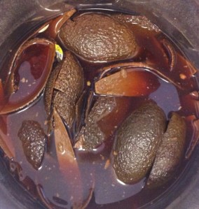 Avocado skins after simmering in water and standing