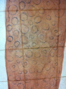 The painted transparent silk after washing drying and ironing on the kitchen floor