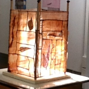 Leaf Litter, 2014. Wooden frame made by Edgar Arnold. Hand woven Cambodian silk dyed with avocado, purple carrot and onion skins with iron mordants in some cases. Double sided silk leaves appliquéd to the panels between bojagi seams.