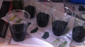 Perle 8 cotton thread skeined and added to one of six dye baths of yellow and navy.