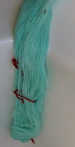 Post soaking the skein is draining.