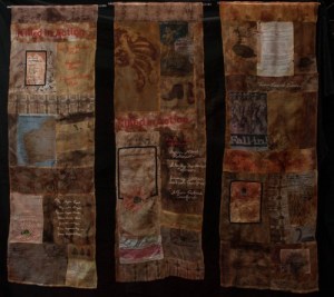 My Western Australian Family, hand woven Cambodian silk, printing, stamping, stencilling, shibori and natural dyeing, hand and machine stitching, made for the WAFTA exhibition, Memory and Commemoration, 2015