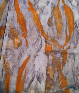 Cotton sheeting , sprayed with iron water, simmered for at least an hour and bound with unknown species of eucalyptus leaves.